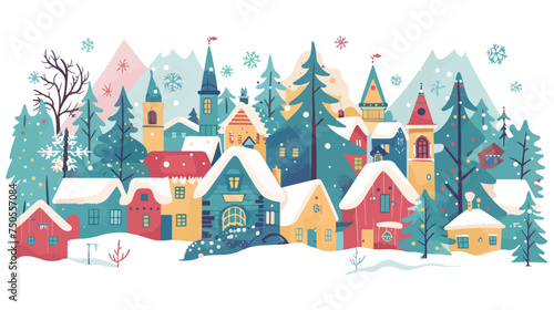 Hand drawn flat winter village illustration Flat vector © Aina