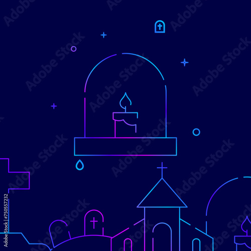 Grave, candle gradient line vector icon, simple illustration on a dark blue background, funeral related bottom border.