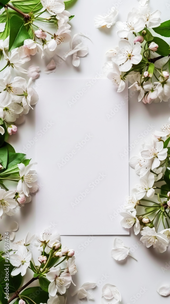 Blank paper card mock-up with Sakura blossoms on white background. Luxury greeting card design concept. Generative AI Blank paper card mock-up with Sakura blossoms on white background. Luxury greeting card design concept. Generative AI