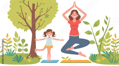 Happy mom and daughter practicing yoga in park Flat v © Aina