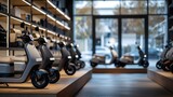 Electric scooters showcased in modern retail shop with stylish presentation. Concept Electric Scooters, Modern Retail Shop, Stylish Presentation, Eco-friendly Transportation, Urban Mobility