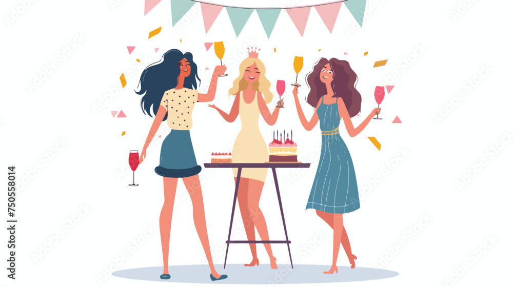 Happy women celebrating birthday and drinking alcohol