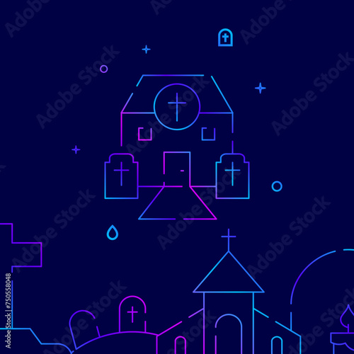 Funeral bureau house gradient line vector icon, simple illustration on a dark blue background, funeral related bottom border.
