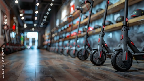 Display of Electric Scooters in Contemporary Retail Store with Trendy Presentation. Concept Retail Store Design, Electric Scooters, Contemporary Display, Trendy Presentation