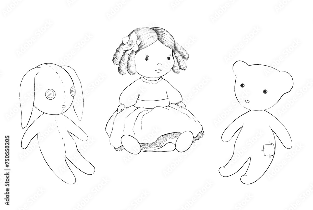 Set with varied cartoon toys doll, bear and bunny isolated on white background. Outline linear sketch hand drawn illustration Set with varied cartoon toys doll, bear and bunny isolated on white background. Outline linear sketch hand drawn illustration