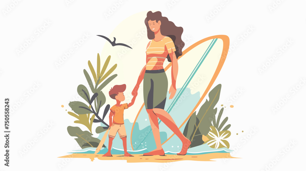 Happy young mother with surf board and little boy Fla