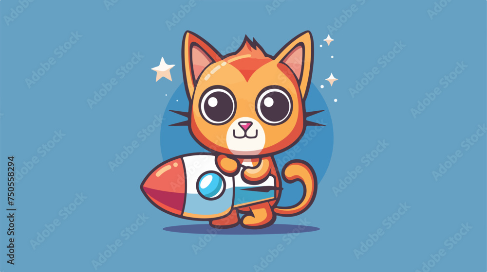 Cute cat holding a rocket. Animal cartoon concept 