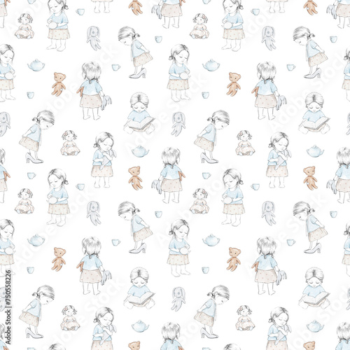Seamless pattern with varied cartoon baby girl and toys isolated on white background. Watercolor hand drawn illustration