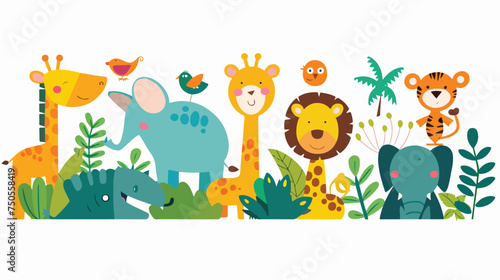 Cute flat vector with African animalsand plants giraf
