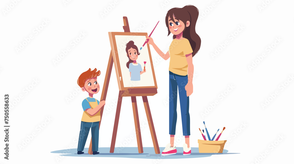 Cute girl painting portrait of mother and smiling Fla