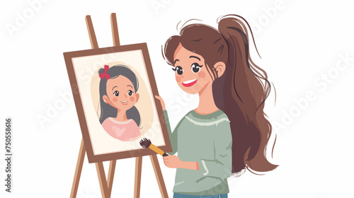 Cute girl painting portrait of mother and smiling Fla