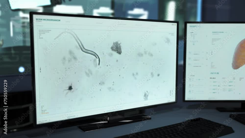 Medical Biotechnology Software Interface Conducts Biology Analysis Of Pathogenic Worm. Worm Inside Human Organism Under Microscopic Analysis For Biology Study. Analysis Of Infectious Worm Biology Medical Biotechnology Software Interface Conducts Biology Analysis Of Pathogenic Worm. Worm Inside Human Organism Under Microscopic Analysis For Biology Study. Analysis Of Infectious Worm Biology