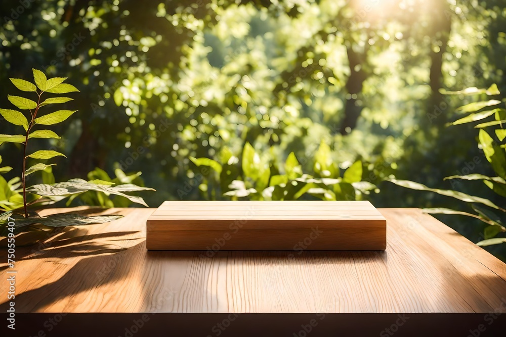 Wooden product display podium with blurred nature leaves background Wooden product display podium with blurred nature leaves background