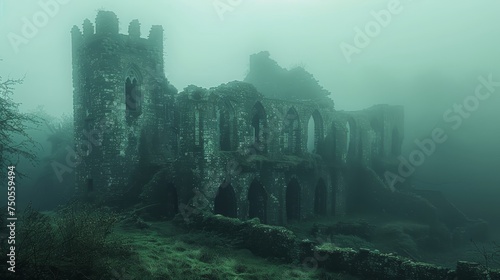 The haunting remains of an ancient castle emerge from the dense mist, creating an atmosphere of mystery and bygone tales.