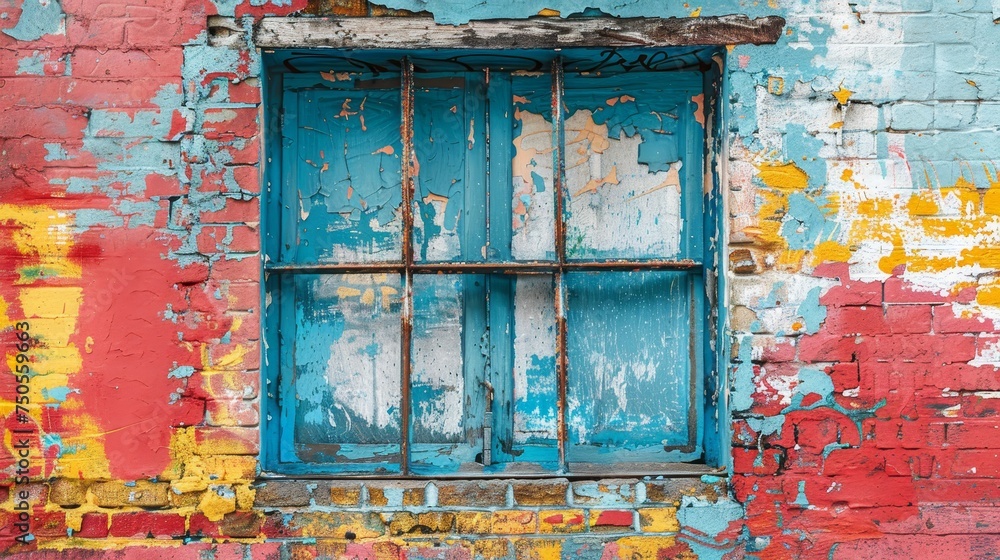Naklejka premium A vintage blue window stands out on a distressed brick wall painted with vibrant and peeling layers of red, yellow, and blue, evoking a rich history.