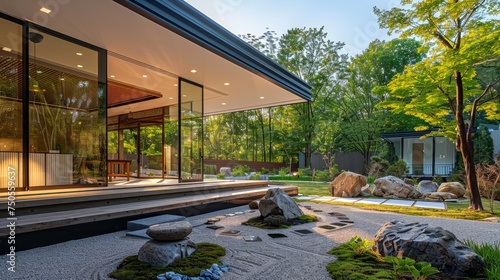 A modern home's clean lines contrast with the timeless beauty of a meticulously designed Japanese garden, creating a harmonious blend of old and new. © Sodapeaw
