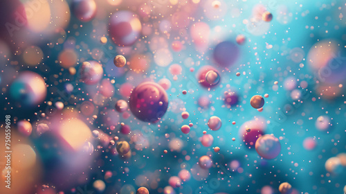 Colored particles with blue background 3d rendering
