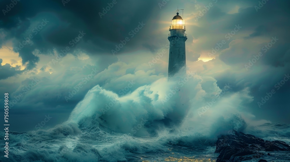 An imposing lighthouse stands firm as tumultuous waves crash around it under a dramatic twilight sky.