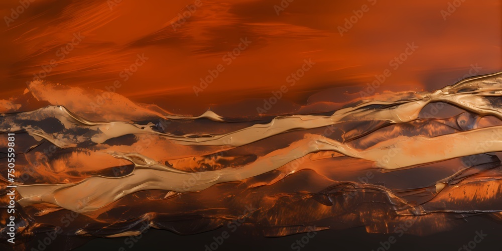 Layers of molten copper and molasses hues overlap and blend seamlessly, creating a captivating abstract landscape reminiscent of molten metal.