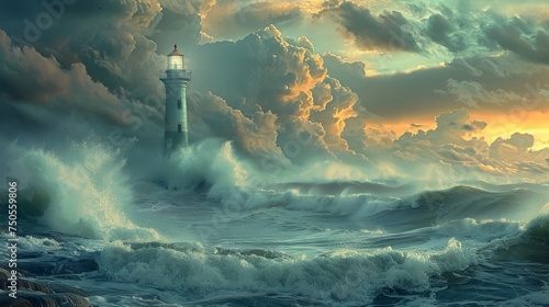 A serene lighthouse overlooks waves cresting and crashing under a vibrant sunset sky filled with billowing clouds.
