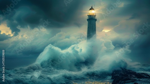 An imposing lighthouse stands firm as tumultuous waves crash around it under a dramatic twilight sky.