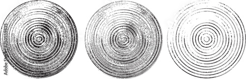 A set of circles of radial dashed lines. Gap lines, circular, concentric elements. Collection of metal lids in the style of engraving drawing. Abstract concentric, radial geometric motif. photo