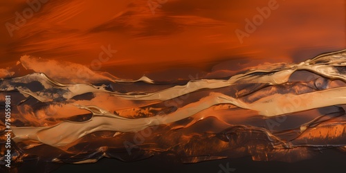 Layers of molten copper and molasses hues overlap and blend seamlessly, creating a captivating abstract landscape reminiscent of molten metal. © NUSRAT ART