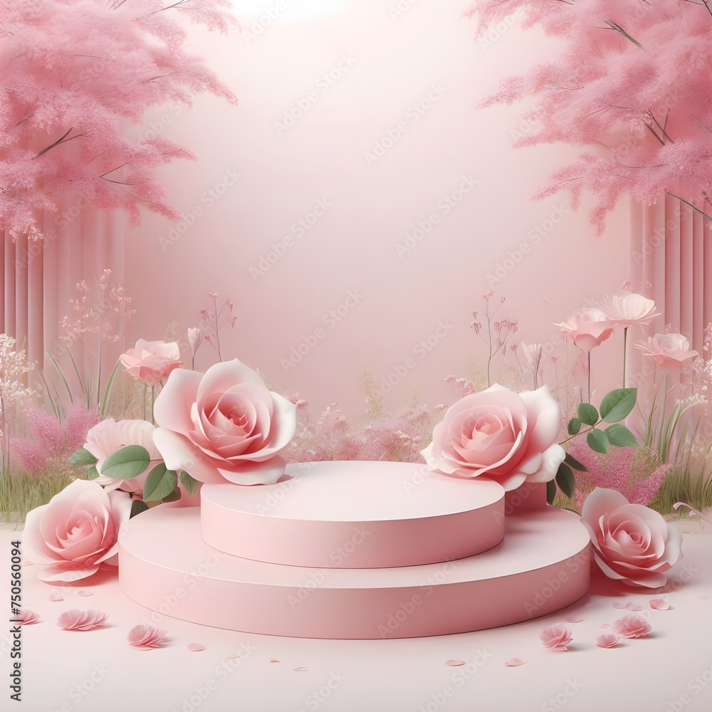 Cylinder podium on pink background for product, Symbols of love for women's holiday, Valentine's Day, roses ornaments Cylinder podium on pink background for product, Symbols of love for women's holiday, Valentine's Day, roses ornaments