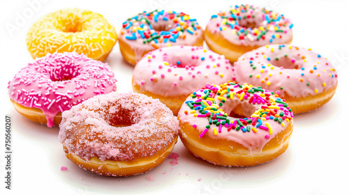 Delectable array of donuts with pastel-colored frostings. Assorted glazed donuts with colorful sprinkles.