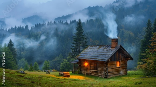 A solitary wooden cabin with a glowing window emits smoke from its chimney amidst a mist-covered mountain landscape at dusk.