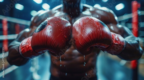 Focused boxer with red gloves standing in a boxing ring, beads of sweat visible, conveying determination and strength. © Sodapeaw