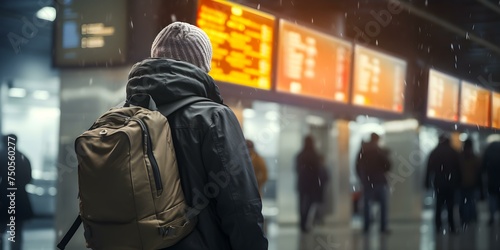A young tourist with a school bag checks flight schedules for his winter vacation abroad. Concept Travel Planning, Winter Vacation, Air Travel, Young Tourist, Flight Schedules