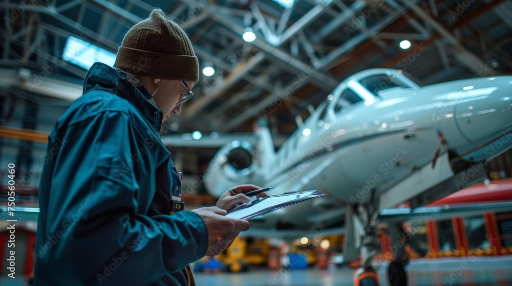 In a Hangar Aircraft Airplane Technician, flight preparations in with a checklist