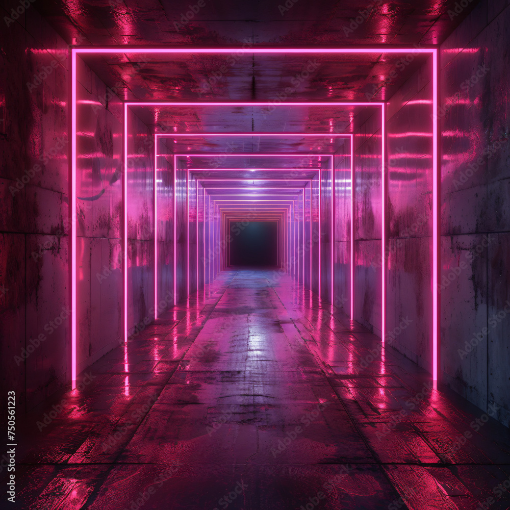 Dark tunnel with glowing neon lines 3d rendering. C