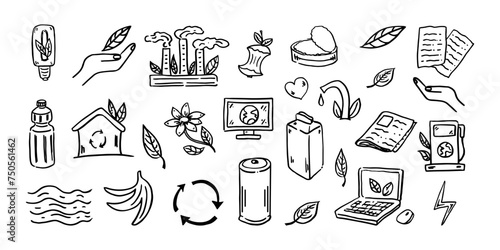 Set of ecology. Hand-drawn doodle vector illustration. Ecology problem, recycling and green energy icons. Environmental symbols.