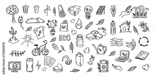 Set of ecology. Hand-drawn doodle vector illustration. Ecology problem, recycling and green energy icons. Environmental symbols..