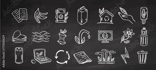 Set of ecology. Hand-drawn doodle vector illustration on chalkboard background. Ecology problem, recycling and green energy icons. Environmental symbols.