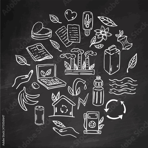 Set of ecology. Elements in circle. Hand-drawn doodle vector illustration on chalkboard background. Ecology problem, recycling and green energy icons. Environmental symbols.