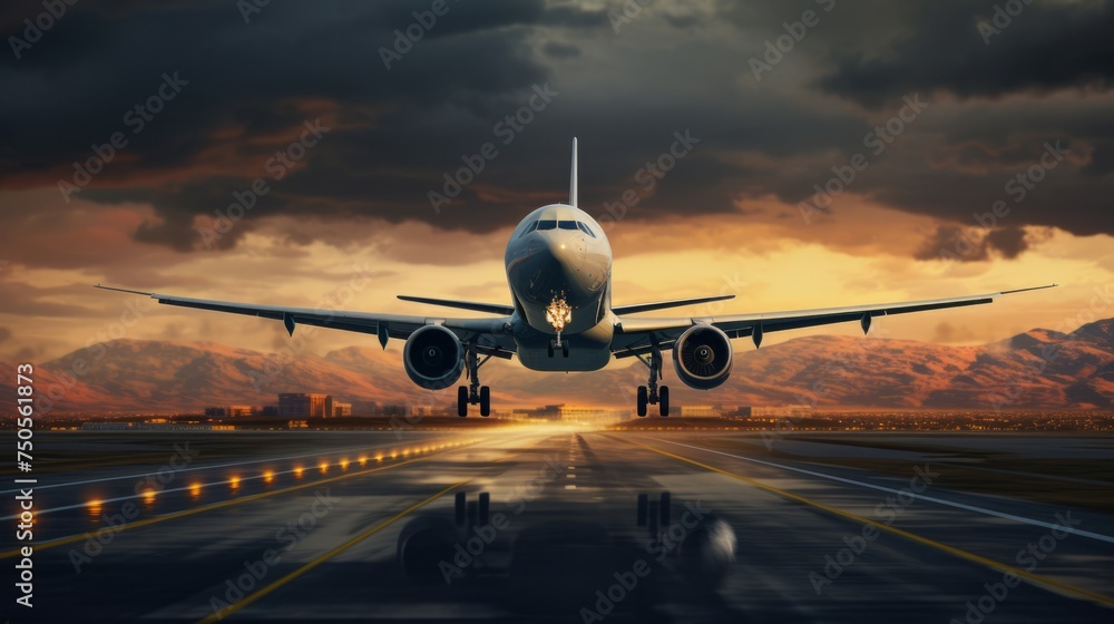 A plane taking off from an airport - obrazy, fototapety, plakaty 