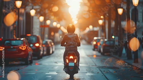 Person on a scooter traveling through city streets in the sunlight. Concept Scooter, City Streets, Sunlight, Urban Transportation, Travel