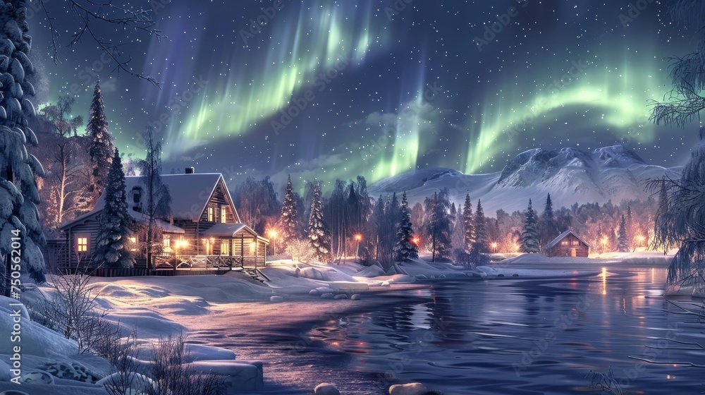 A cozy winter cabin warmly lit amidst a snowy landscape, under the magical aurora borealis in a clear night sky.