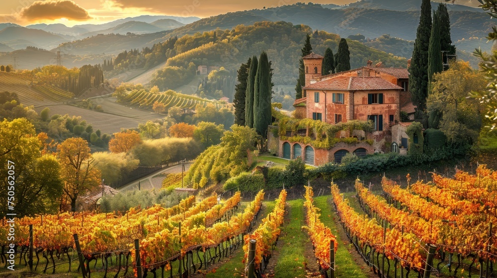 An idyllic Tuscan villa sits atop rolling hills, surrounded by the rich colors of autumn vineyards as the sun sets in the distance.