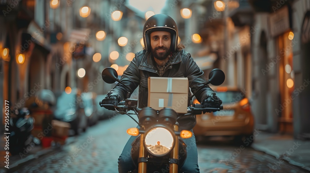 Motorcycle rider delivering packages and food items on city streets. Concept Food Delivery, Motorcycle Rider, Urban Streets, Delivery Services, City Transportation