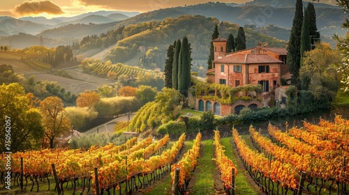 An idyllic Tuscan villa sits atop rolling hills  surrounded by the rich colors of autumn vineyards as the sun sets in the distance.