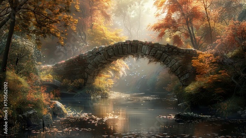 A mystical stone bridge arches over a serene river in an autumnal forest, with sunlight filtering through the colorful foliage.