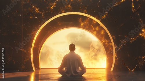 ramadan-themed composition featuring a metallic arch with stone texture forming the shape. in the center, a silhouette of a muslim man in a white shirt is captured in prayer, creating a reverent 