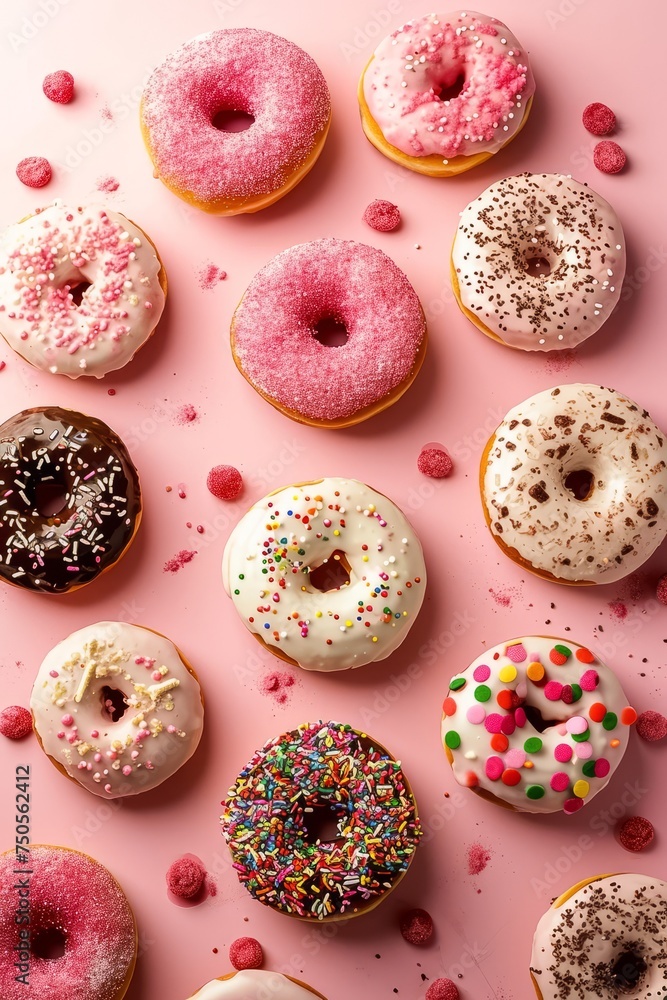 Tasty colorful donuts and sweet cookies blowing in the air on pink background. Tasty colorful donuts and sweet cookies blowing in the air on pink background.