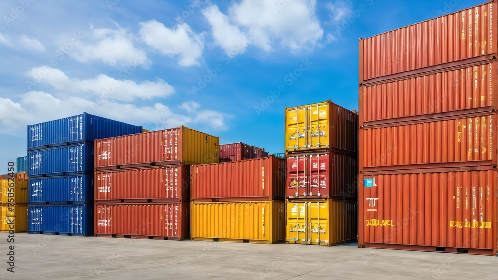 Illuminate the concept of export-import with stacked cargo containers in the storage area of a freight sea port terminal. Illuminate the concept of export-import with stacked cargo containers in the storage area of a freight sea port terminal.