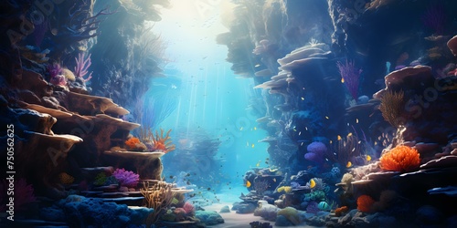 Colorful coral reef teeming with marine life embraced by enigmatic underwater caves. Concept Underwater Photography, Marine Life, Coral Reef, Caves Exploration, Underwater Ecosystem