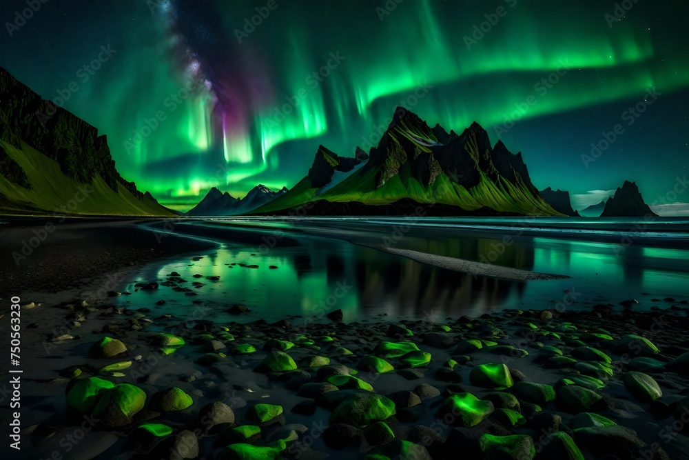 Amazing view of green aurora borealis shining in night sky over snowy mountain ridge with black sand stockness beach and vestrahorn mountain.